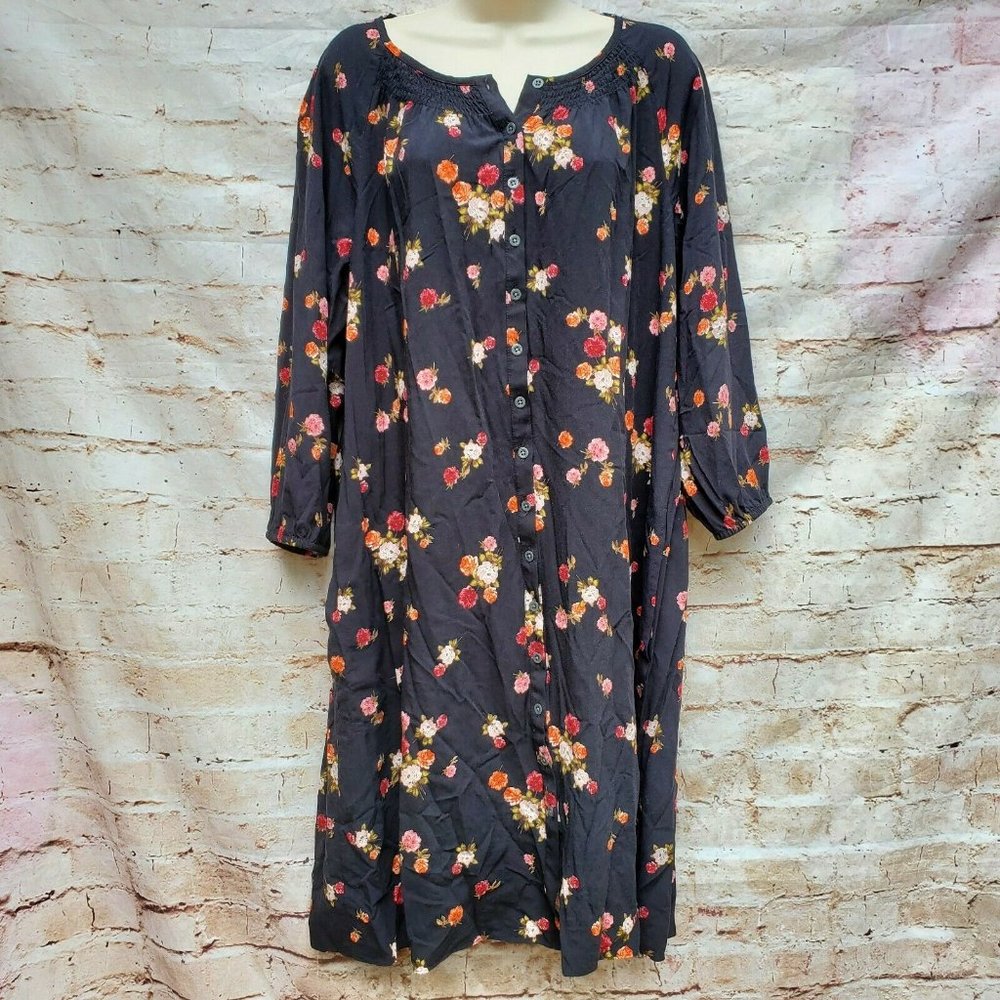 J. Jill Black Floral Dress Long Sleeves Button Front Cottage Core Size Large L - Picture 7 of 7